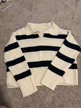 Cream and Black Striped Collared Knit Sweater